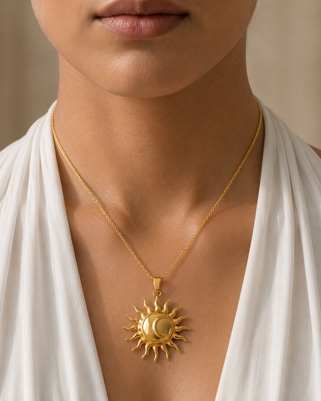 Real Gold Plated Sun Pendant Necklace in Waterproof 201/304 Stainless Steel Cable Chain