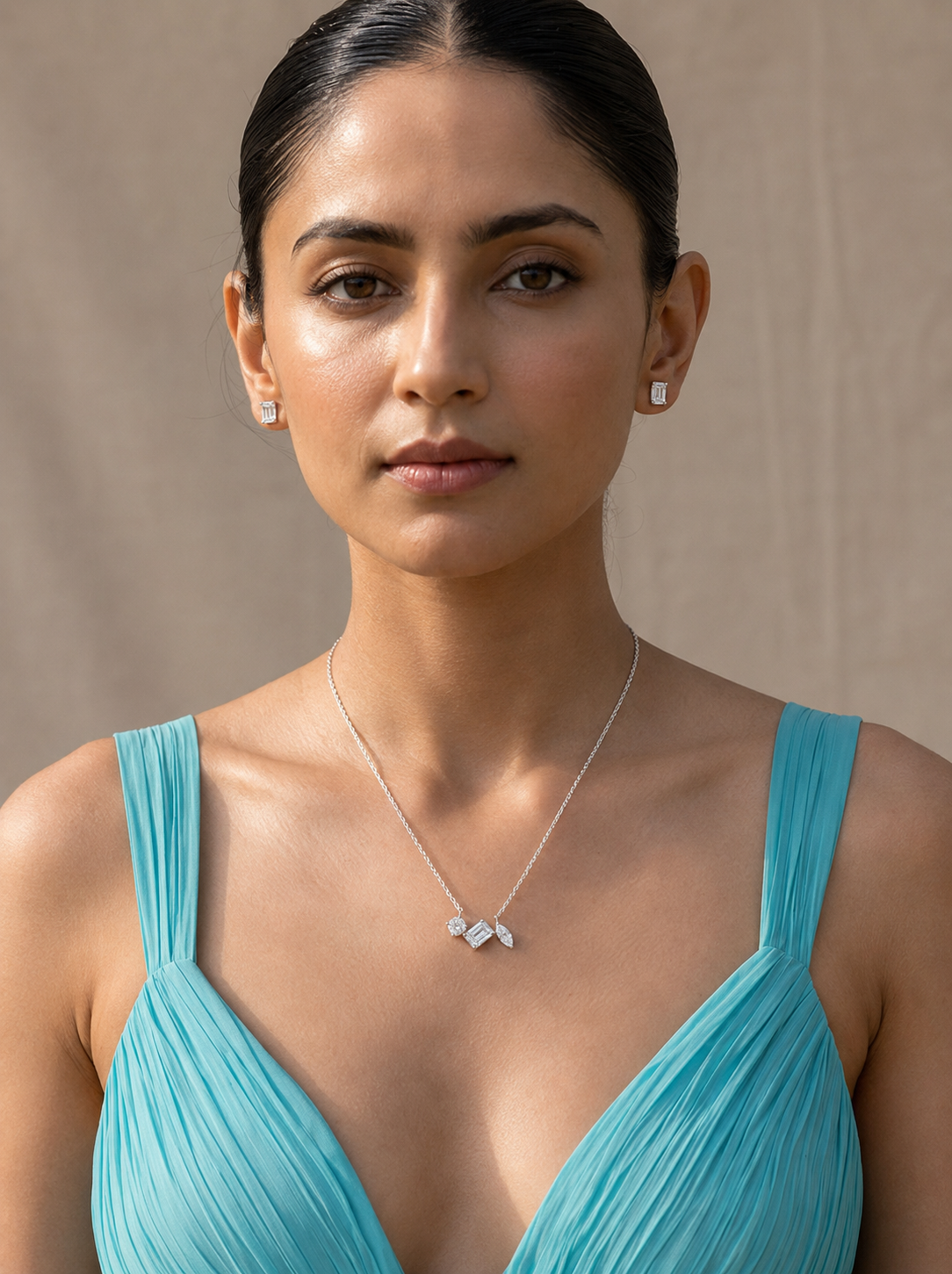 Three-Stone Mixed-Cut Diamond-Style Necklace with Emerald-Cut Stud Earrings | Round, Baguette &amp; Marquise Pendant Set