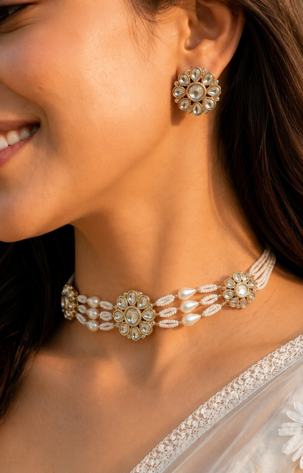 Multi-Strand Pearl Bead Choker with Kundan Floral Medallions | Beaded Choker with Matching Floral Stud Earrings