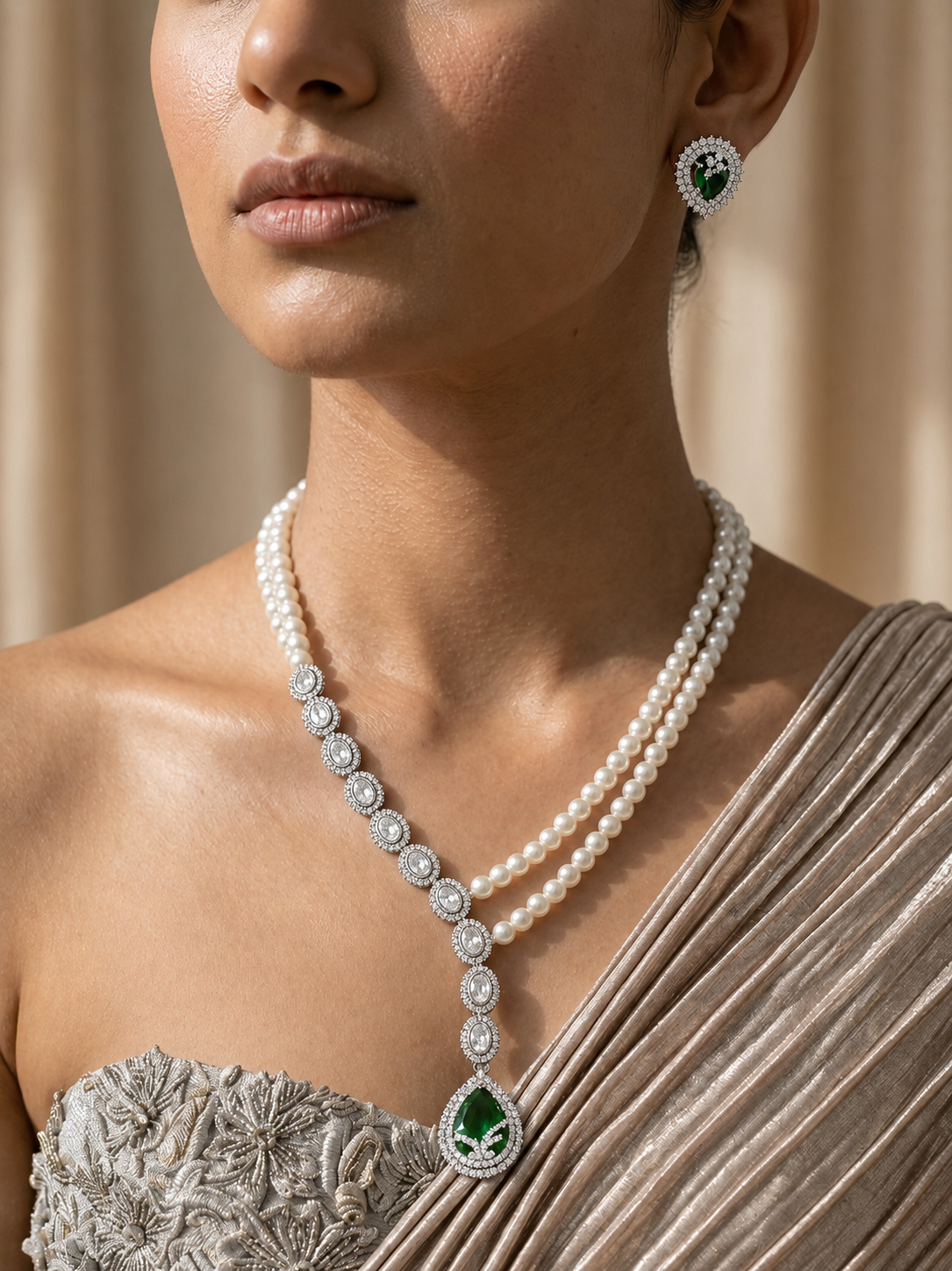 Emerald Green Teardrop Jewelry Set with Diamond Accents