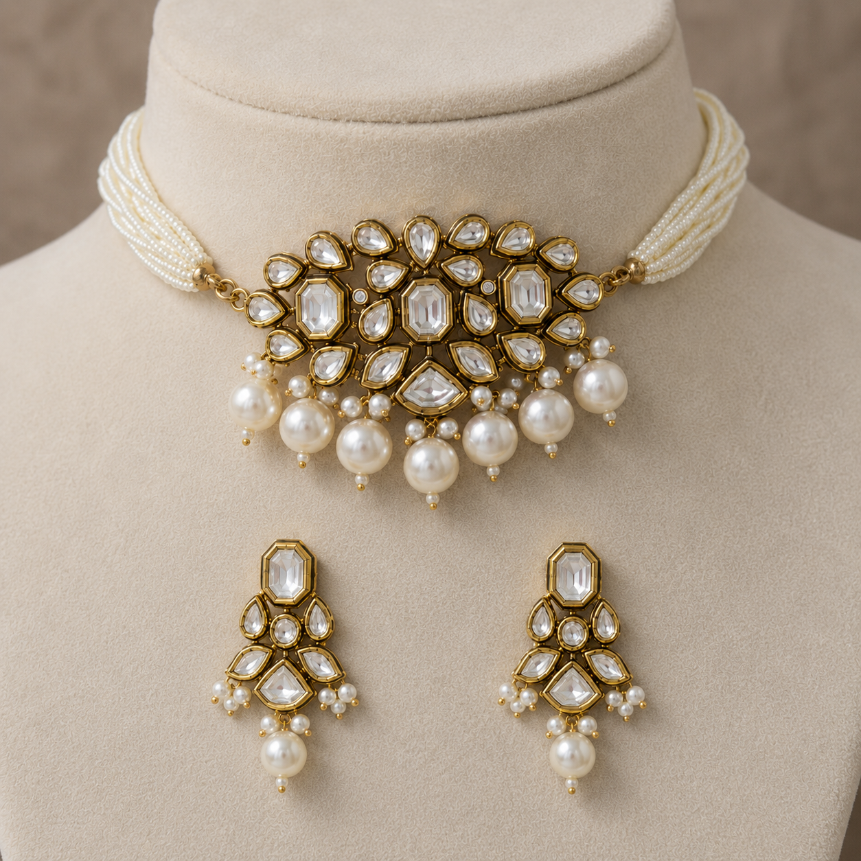Gold-Plated Handcrafted Kundan & White Pearls Choker
