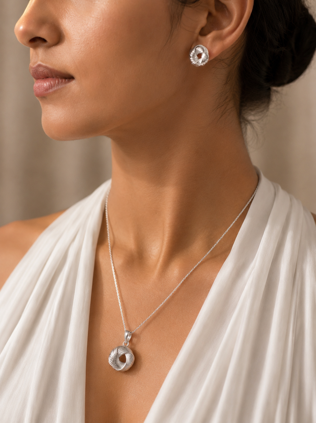 925 Silver Pendant and Earring Set with Textured Ball Design