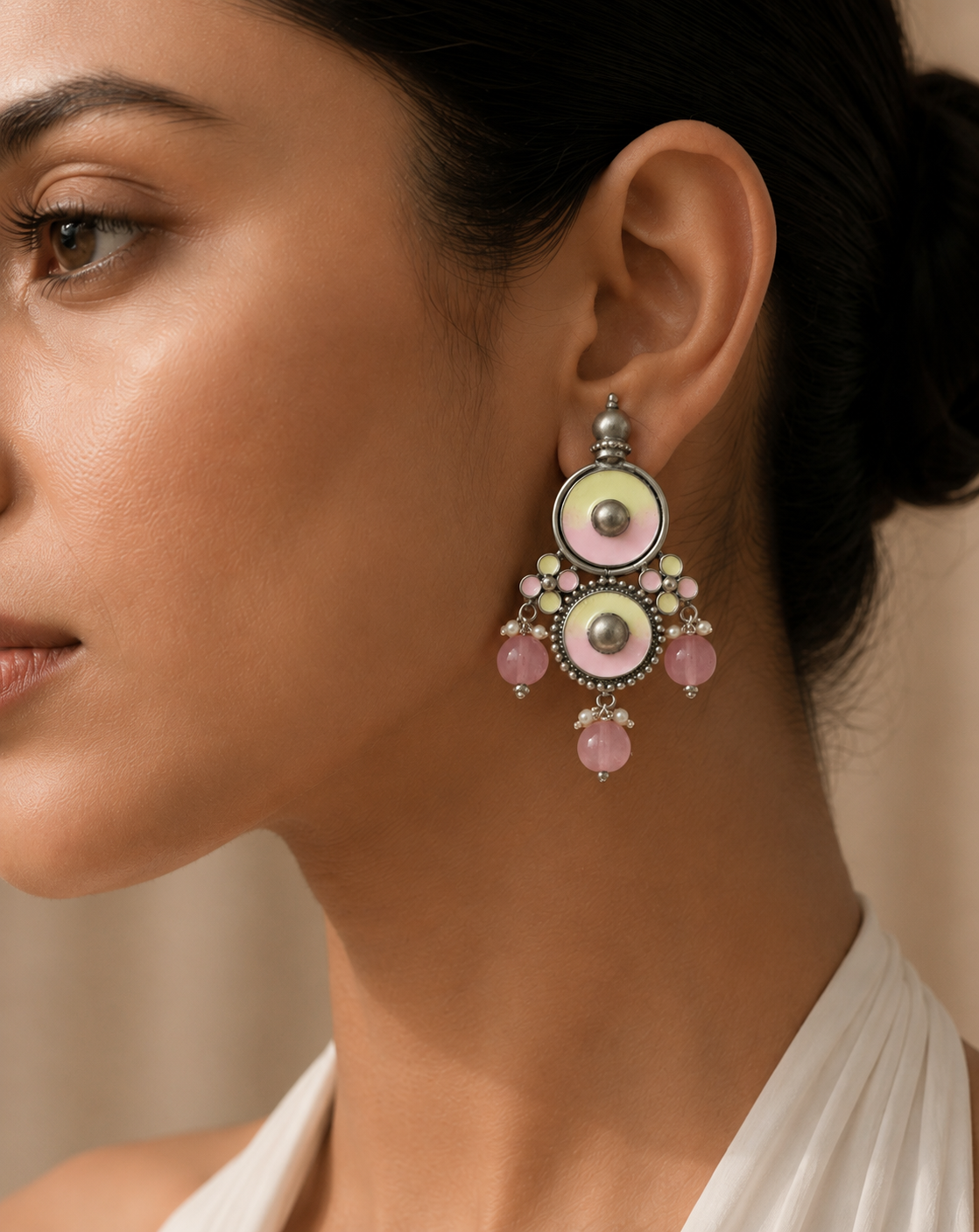 925 Silver Amrapali Pink Drop Earrings – Heritage Statement Design