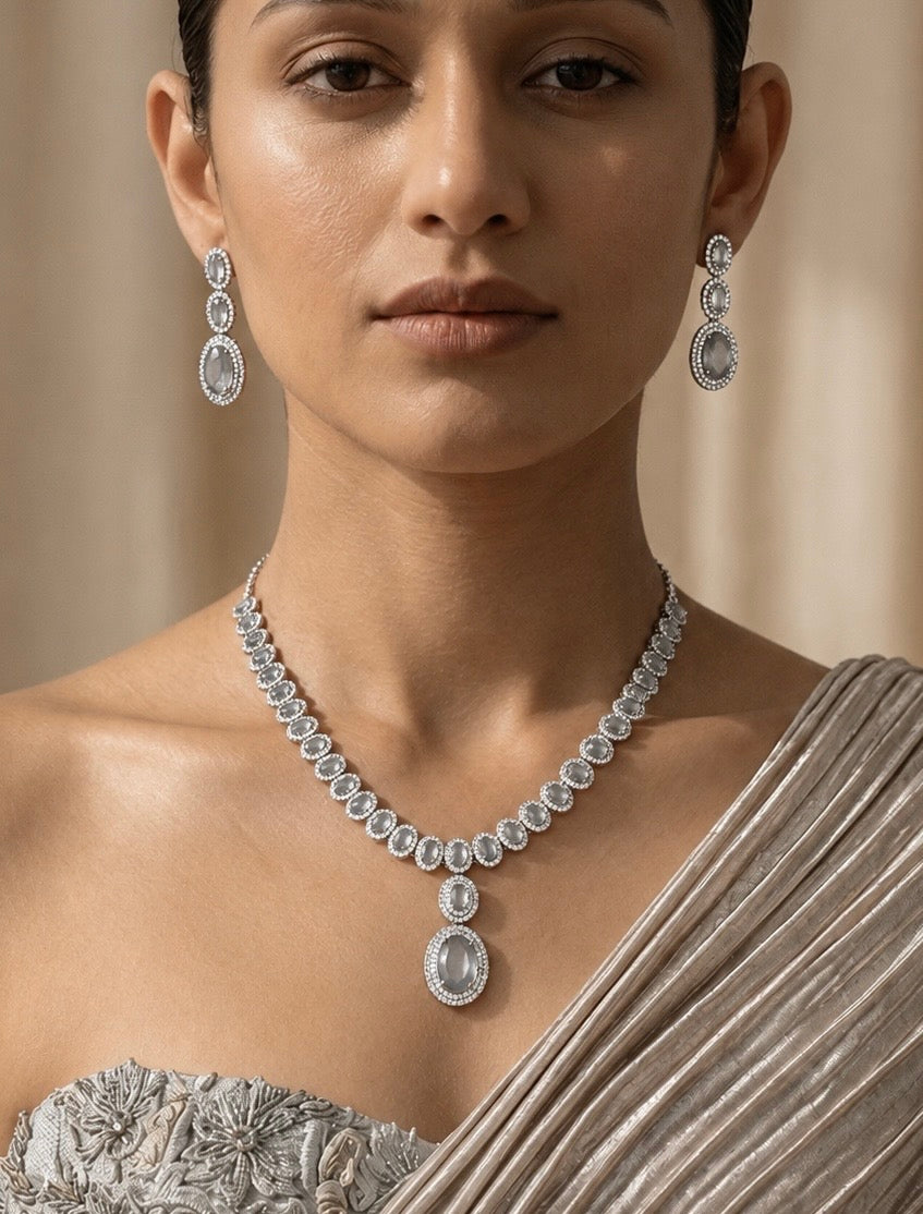 Grey Stone CZ Stone Studded Necklace Set