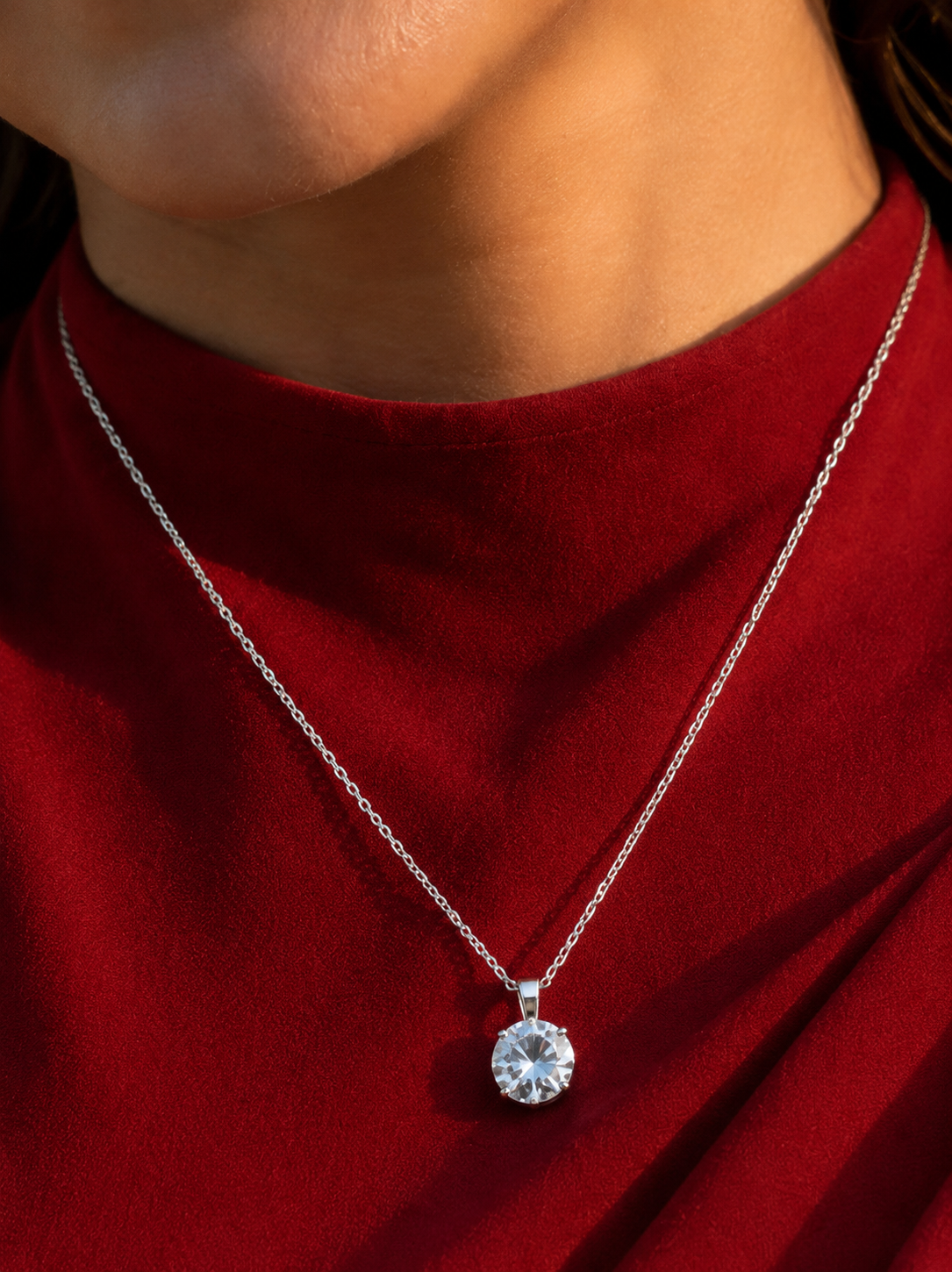 Round Solitaire Pendant Necklace with Matching Stud Earrings | Classic 4-Prong Diamond-Style Necklace Set
