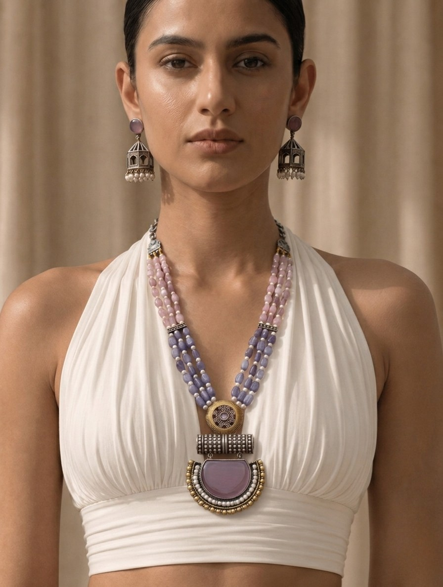 Regal Dual-Tone Beaded Necklace Set with Statement Jhumkas – A Timeless Fusion of Elegance