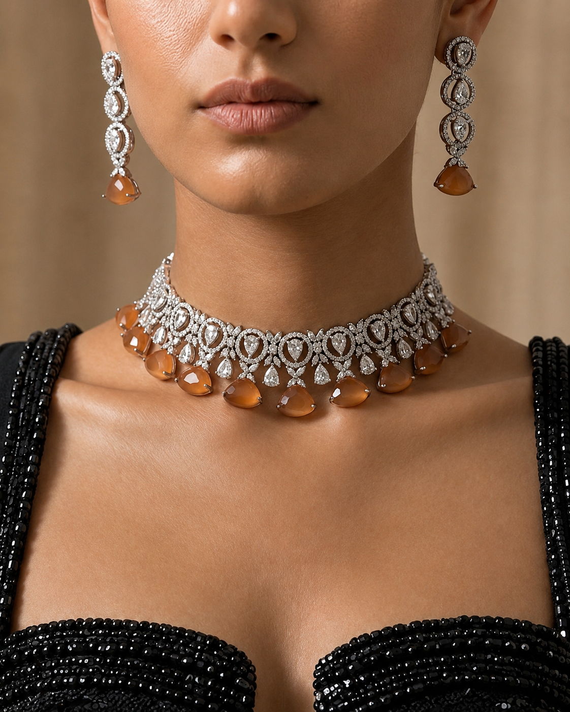 Silver-Finish Necklace and Earring Set with Teardrop and Round Stone Accents