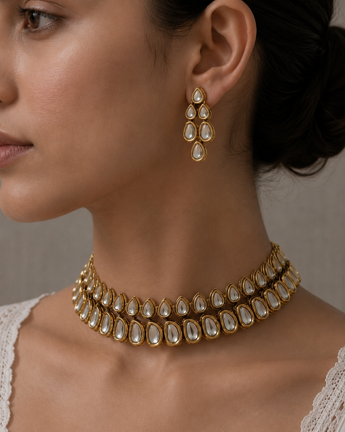 Gold & Kundan Teardrop Choker Necklace Set with Earrings