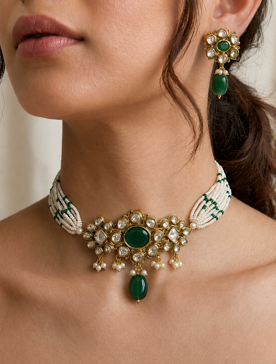 Pearl and Green Stone Choker Set: A Timeless Blend of Grace and Tradition