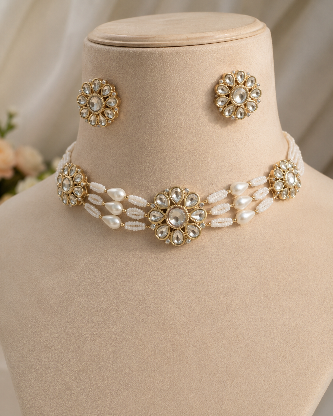 Multi-Strand Pearl Bead Choker with Kundan Floral Medallions | Beaded Choker with Matching Floral Stud Earrings