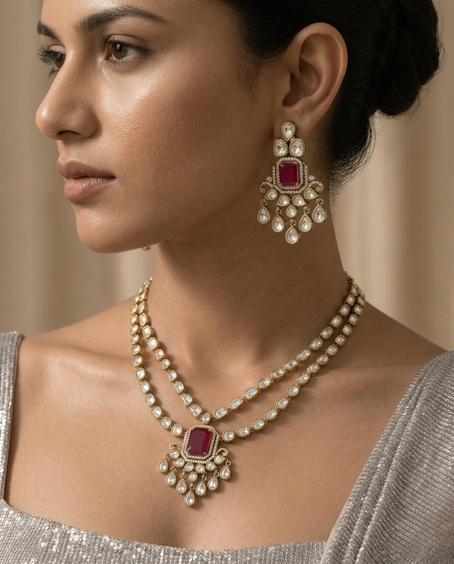 Moissanite Polki Studded Double Layer Ruby Necklace Set