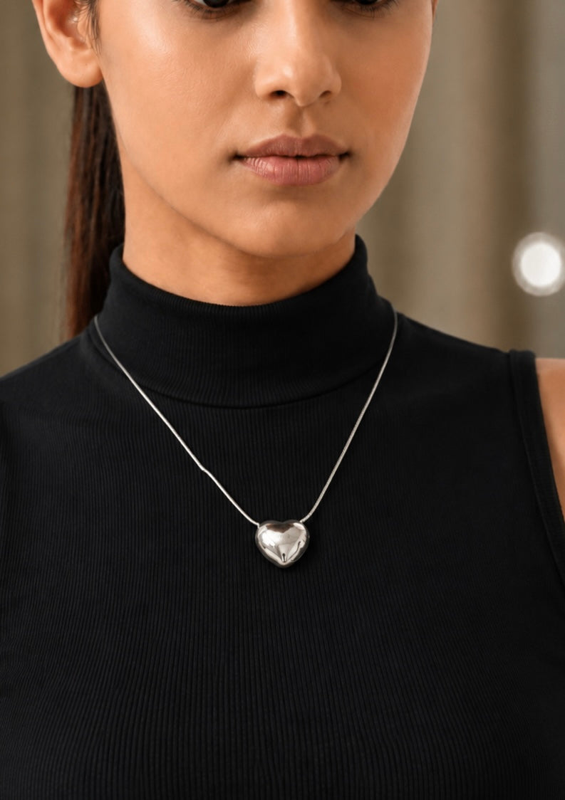 Luna Silver-Tone Puffed Heart Pendant Necklace | Minimal Everyday Wear | Gift-Ready Box