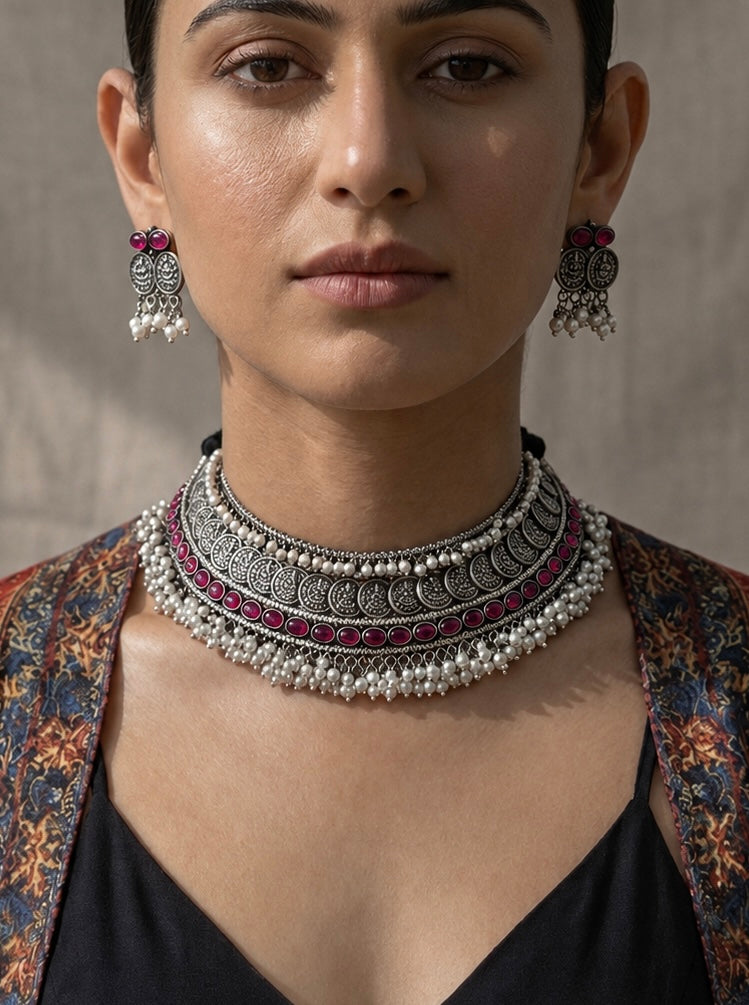 Oxidised Silver Statement Necklace Set with Red Stone Detailing & Pearl Fringe