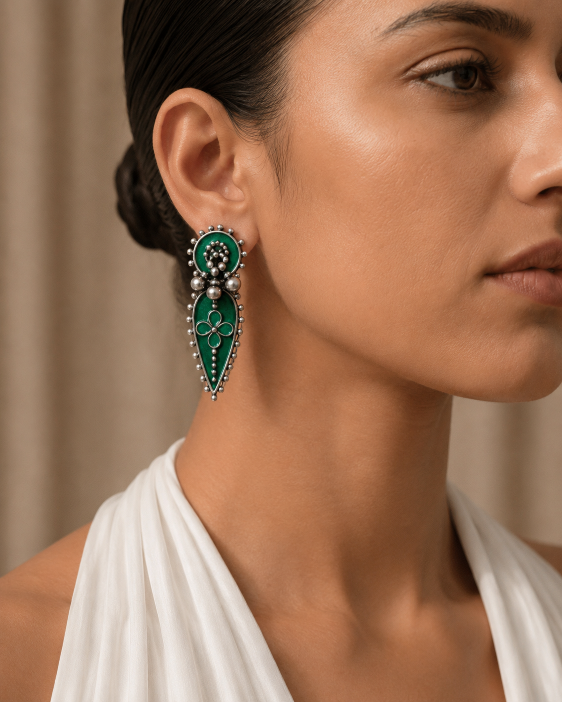 925 Silver Amrapali Green Enamel Statement Earrings – Timeless Tribal Elegance