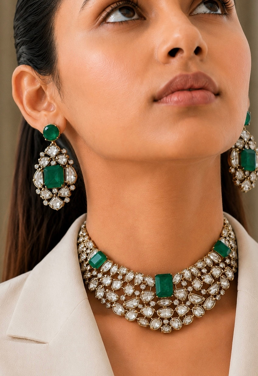 22K Mehendi Gold Plated Antique Polki Diamond Choker Necklace Set with Emerald Accents | Heritage Bridal &amp; Statement Jewellery with Matching Earrings