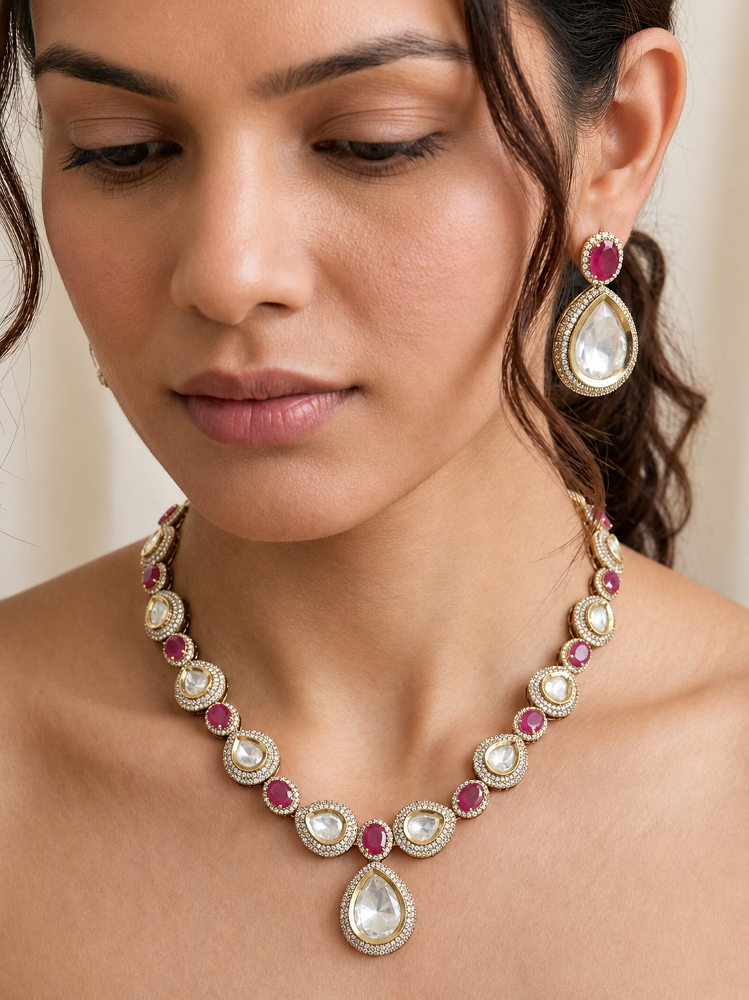 Ethereal Elegance Mossanite Polki Ruby Necklace Set