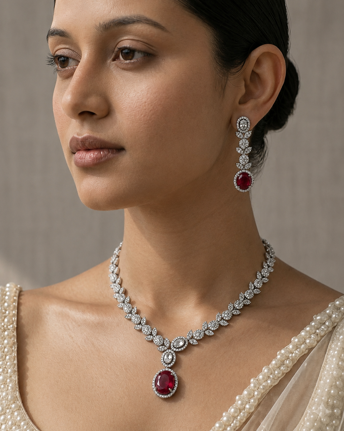 White Rhodium Finish CZ Diamonds Necklace Earrings Set