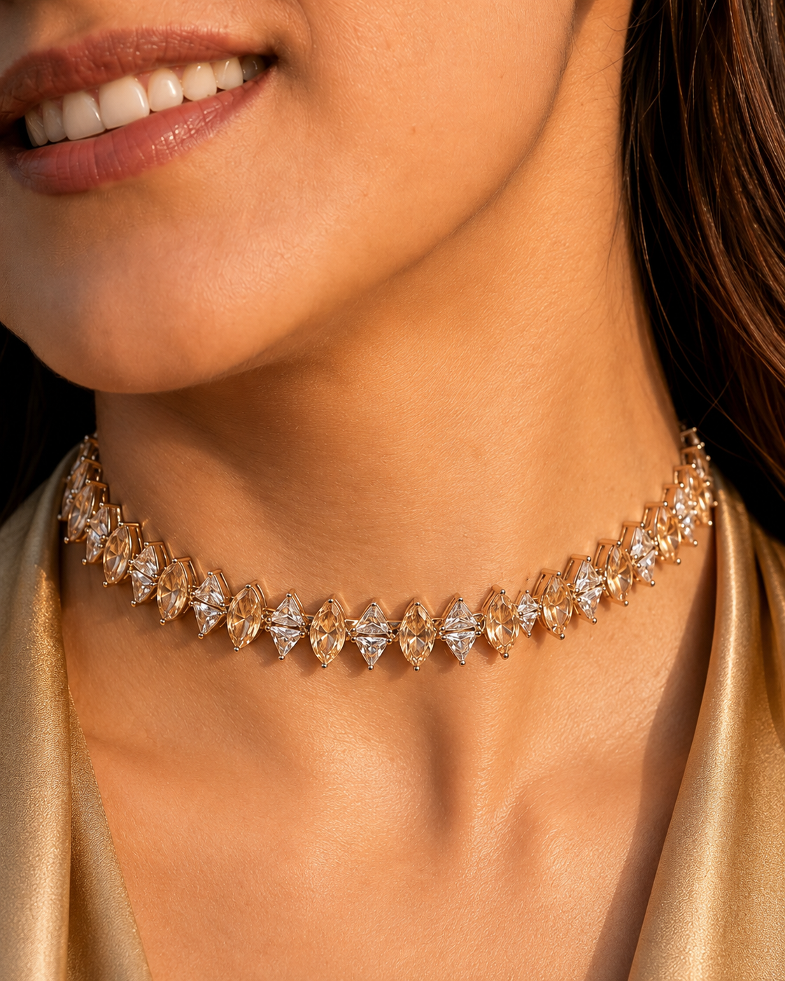 Saanjh Champagne & Clear Stone Choker Necklace | Marquise-Cut Statement Collar