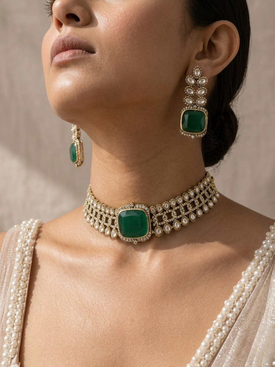Gold & Diamond Choker Necklace Set with Green Gemstone