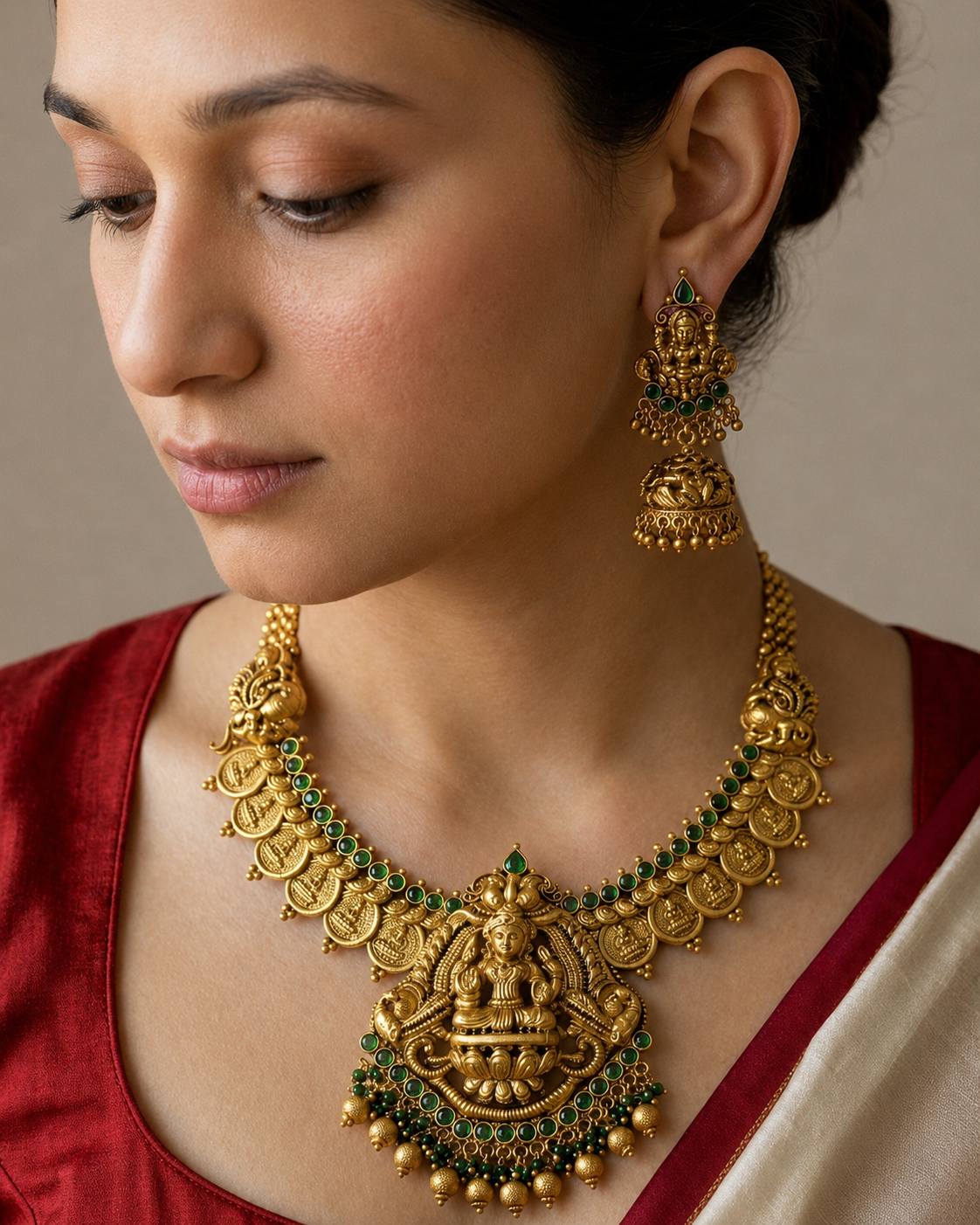 Handcrafted Laxmi Temple Necklace: Gold Plated, Green Stones