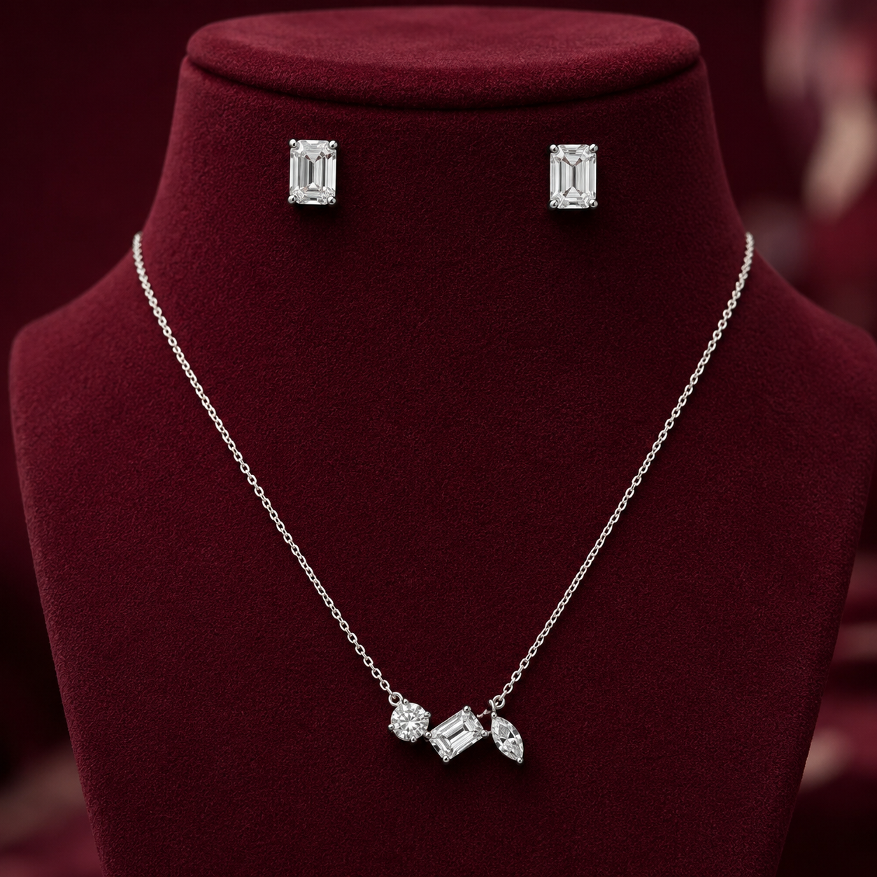 Three-Stone Mixed-Cut Diamond-Style Necklace with Emerald-Cut Stud Earrings | Round, Baguette &amp; Marquise Pendant Set