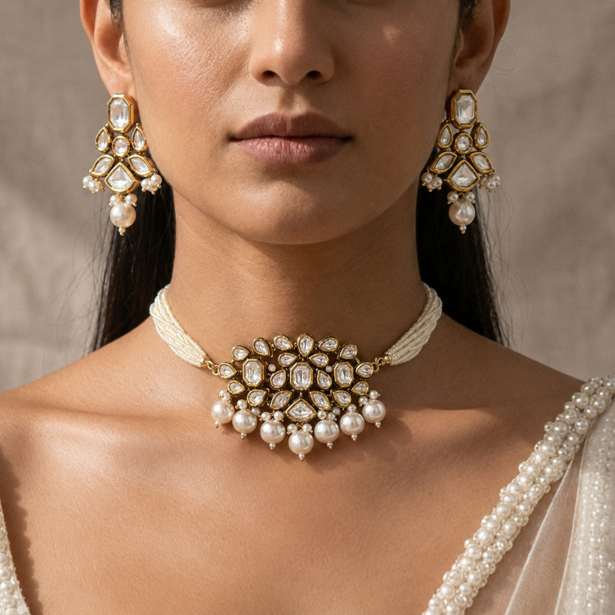 Gold-Plated Handcrafted Kundan & White Pearls Choker