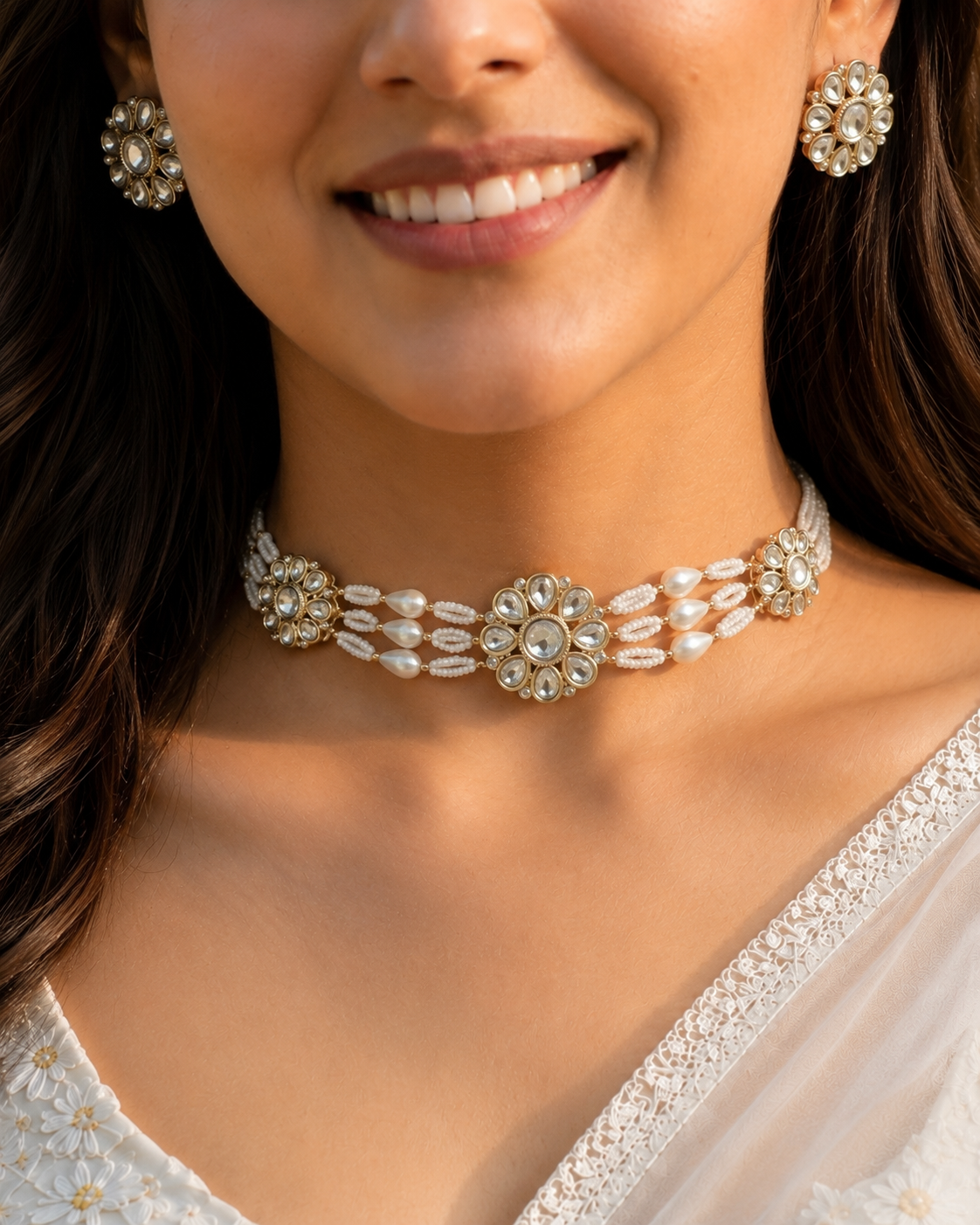 Multi-Strand Pearl Bead Choker with Kundan Floral Medallions | Beaded Choker with Matching Floral Stud Earrings
