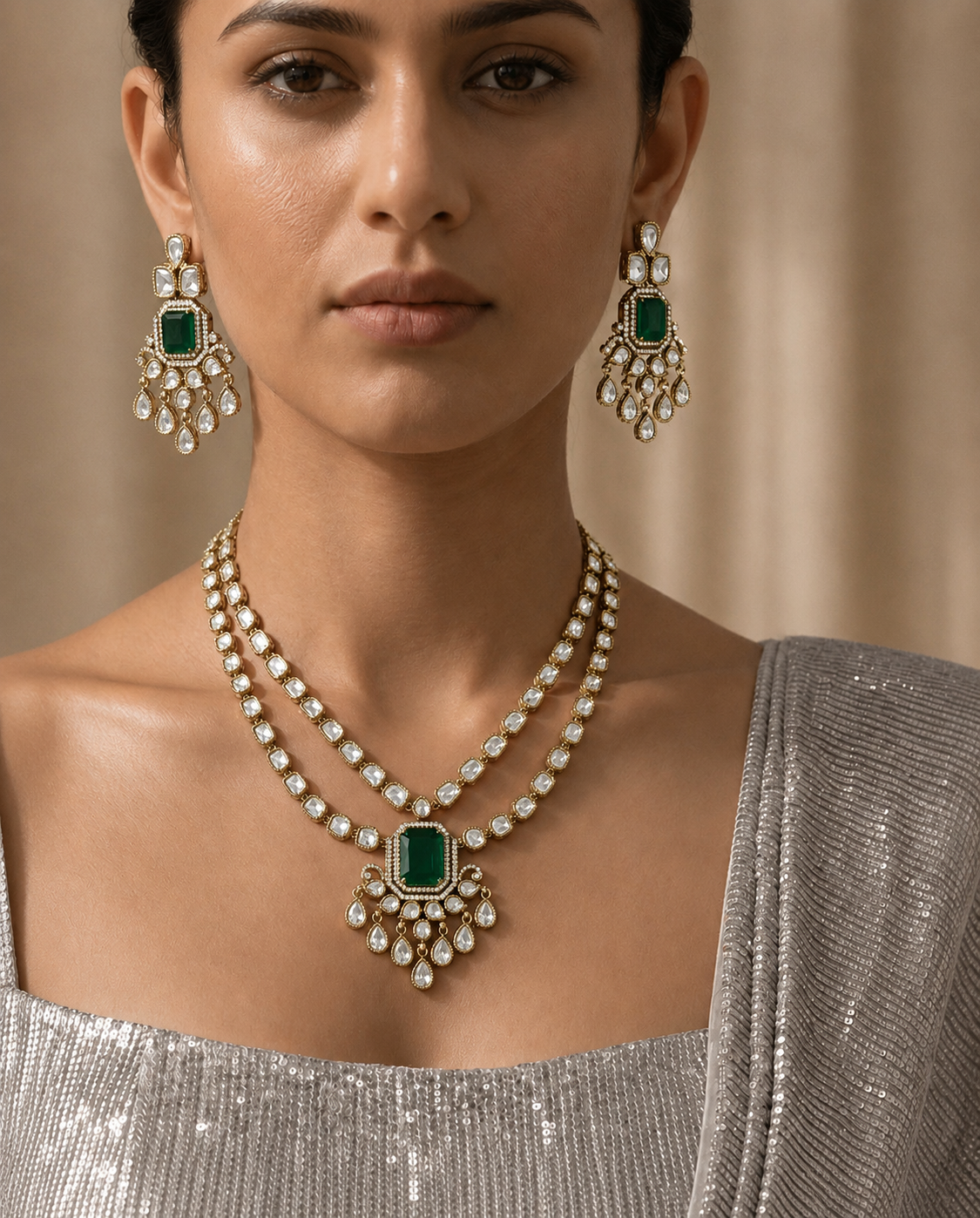Moissanite Polki Studded Double Layer Emerald Necklace Set