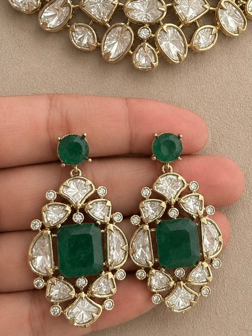 22K Mehendi Gold Plated Antique Polki Diamond Choker Necklace Set with Emerald Accents | Heritage Bridal &amp; Statement Jewellery with Matching Earrings