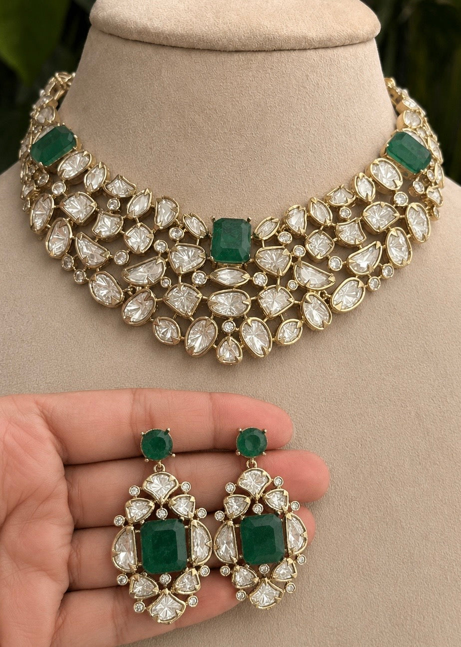 22K Mehendi Gold Plated Antique Polki Diamond Choker Necklace Set with Emerald Accents | Heritage Bridal &amp; Statement Jewellery with Matching Earrings