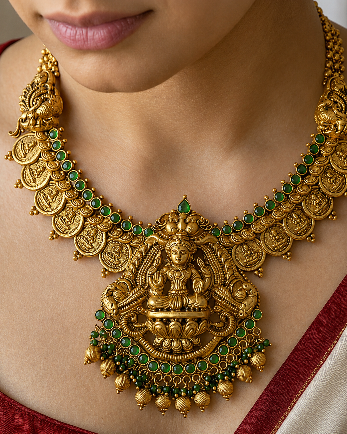 Handcrafted Laxmi Temple Necklace: Gold Plated, Green Stones