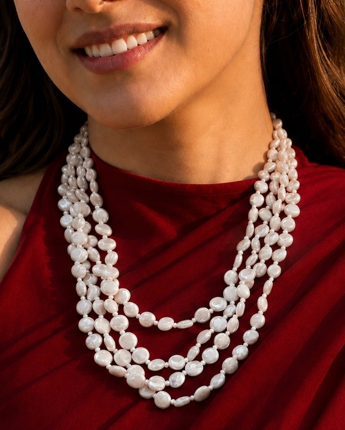 Four Layer Coin Pearl Mala Necklace | Statement Multi-Strand Pearl Necklace for Festive &amp; Ethnic Wear