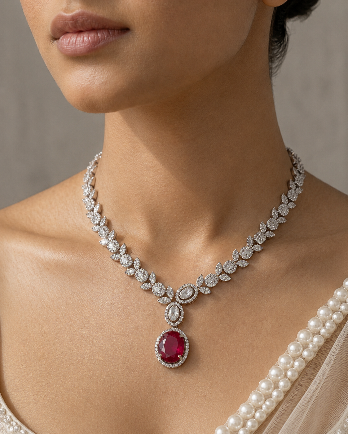 White Rhodium Finish CZ Diamonds Necklace Earrings Set