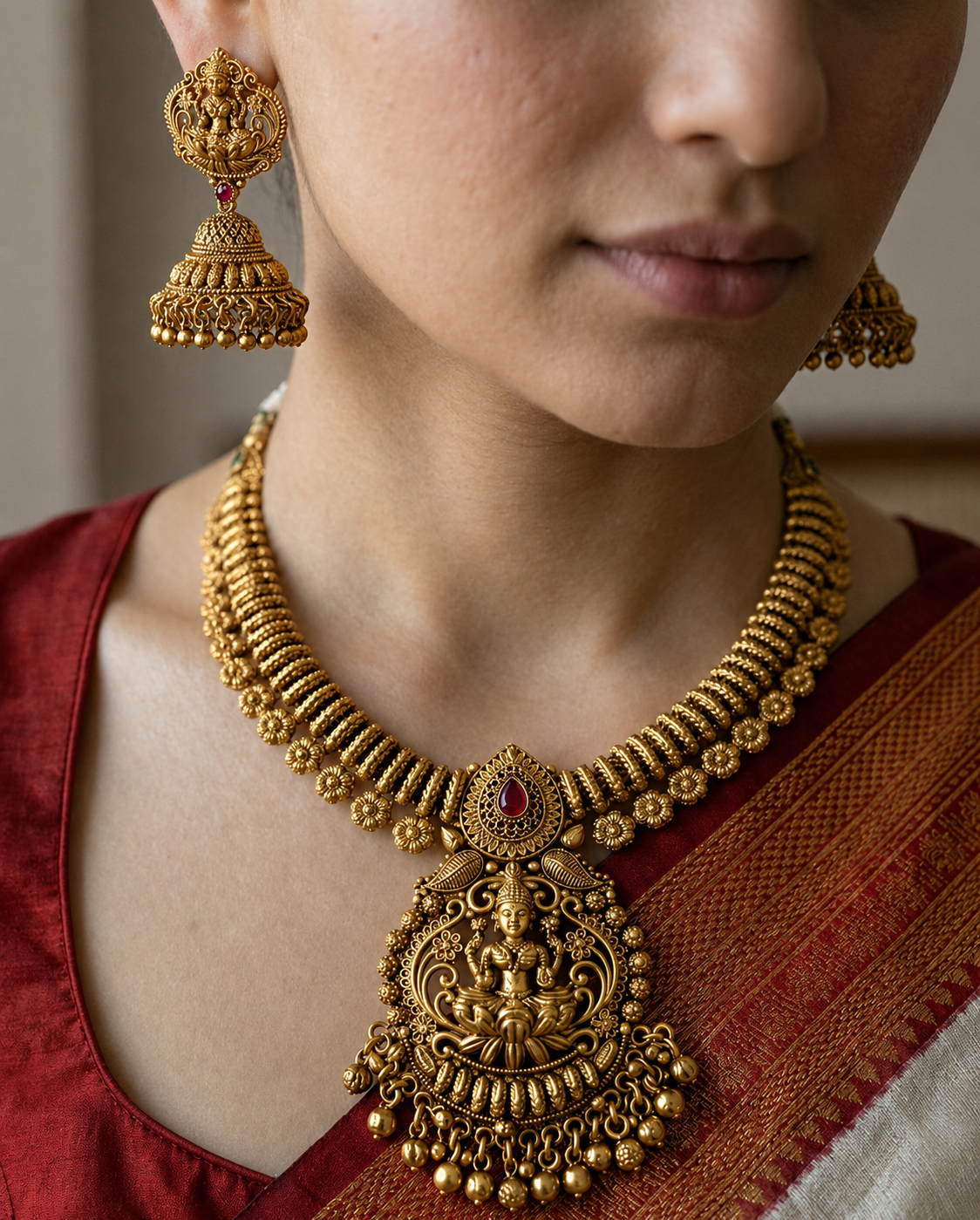 Gold Plated Handcrafted Regal Laxmi Motif Choker Set