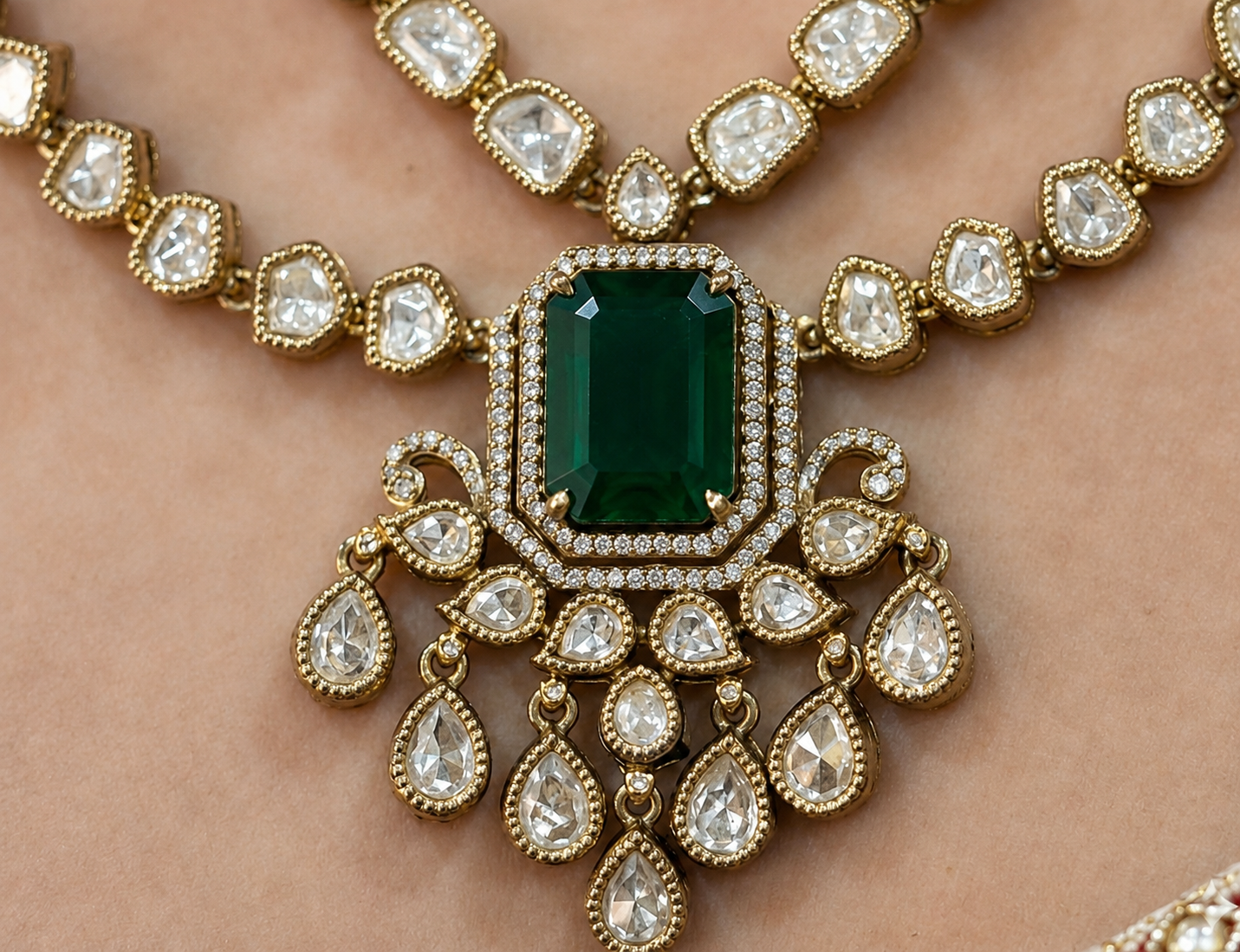 Moissanite Polki Studded Double Layer Emerald Necklace Set