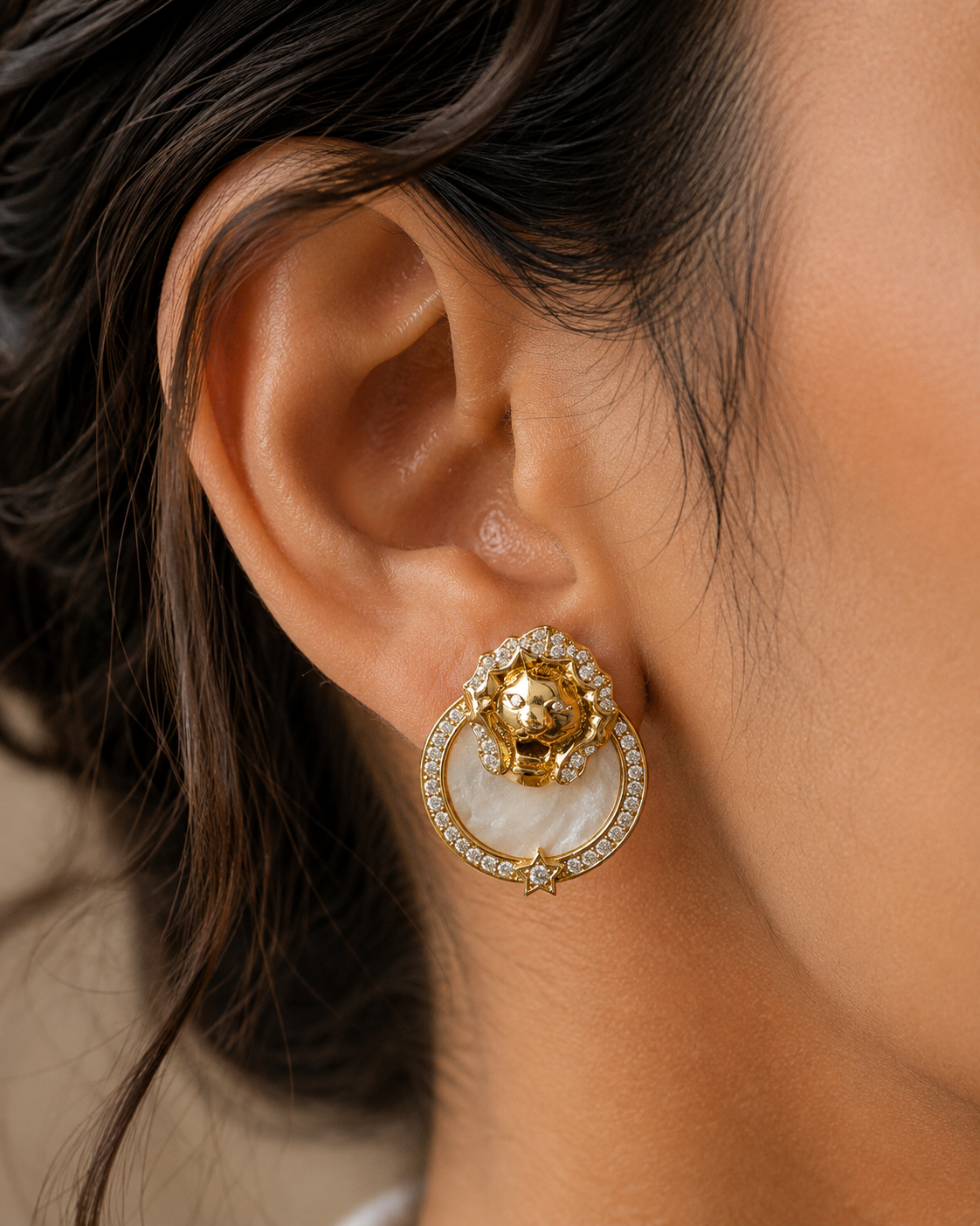 Regal Lion Motif Gold Earrings with Diamond Accents