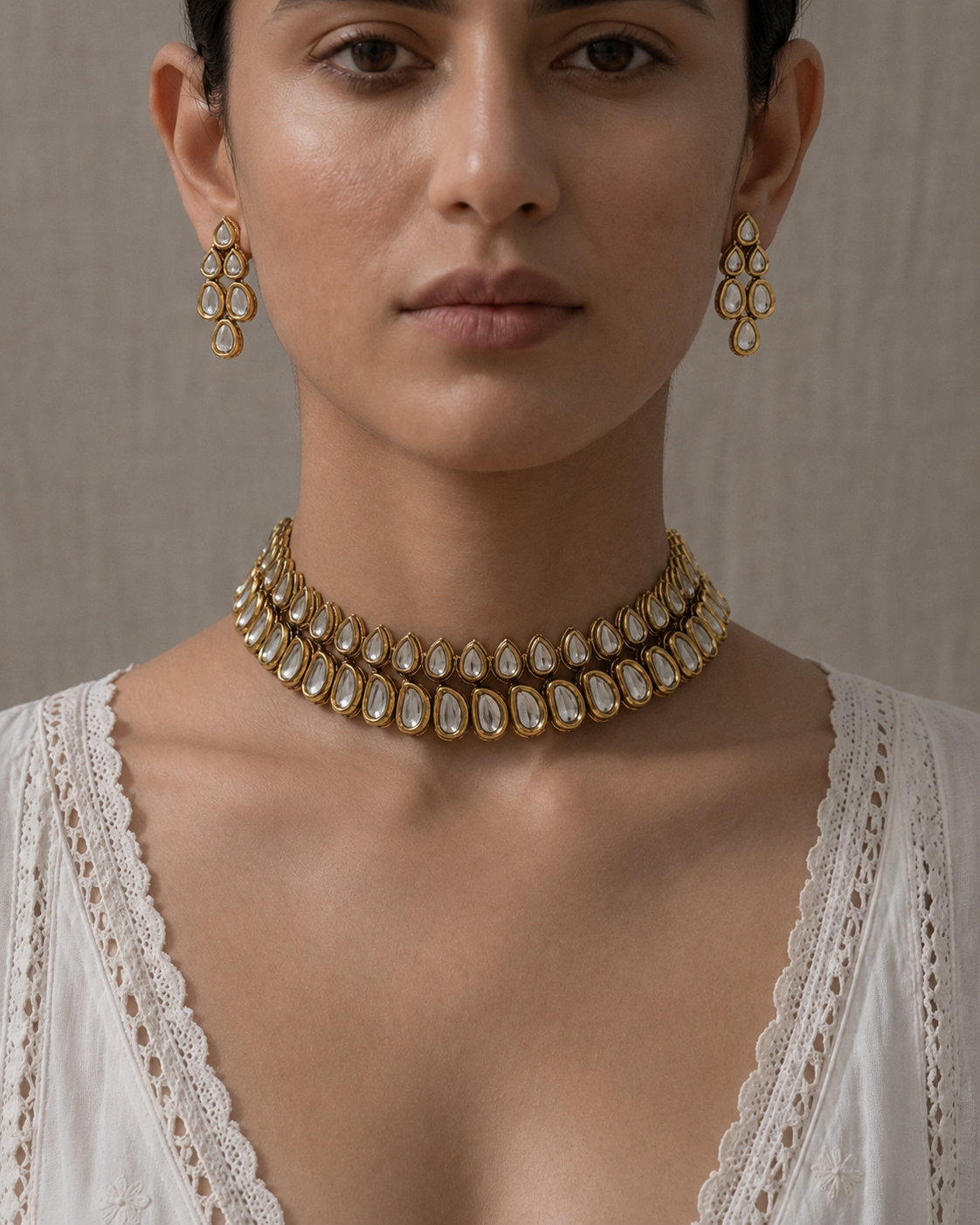 Gold & Kundan Teardrop Choker Necklace Set with Earrings
