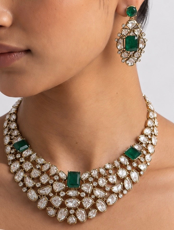 22K Mehendi Gold Plated Antique Polki Diamond Choker Necklace Set with Emerald Accents | Heritage Bridal &amp; Statement Jewellery with Matching Earrings