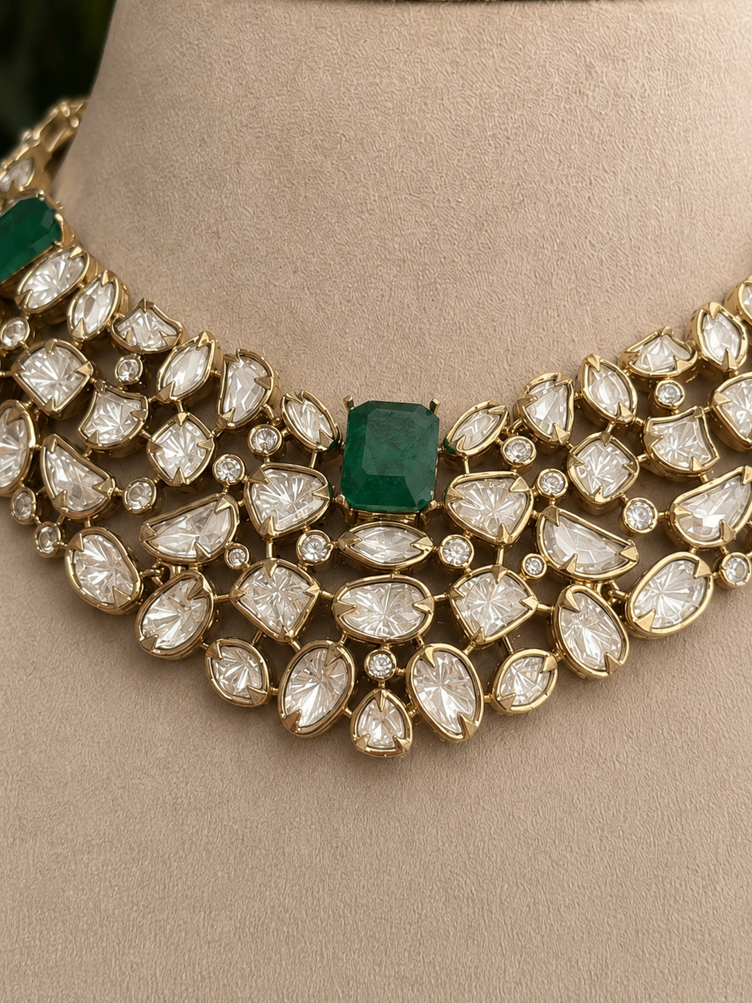 22K Mehendi Gold Plated Antique Polki Diamond Choker Necklace Set with Emerald Accents | Heritage Bridal &amp; Statement Jewellery with Matching Earrings