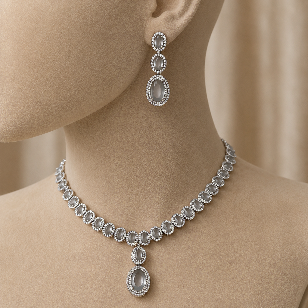 Grey Stone CZ Stone Studded Necklace Set