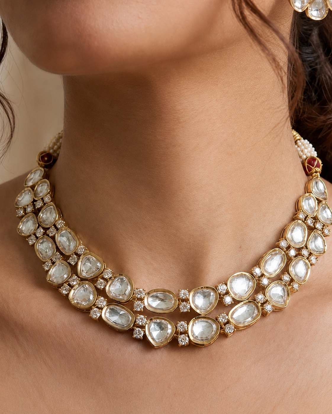 Gold Floral Earring & Double-Layer Necklace Set with Clear Gemstones