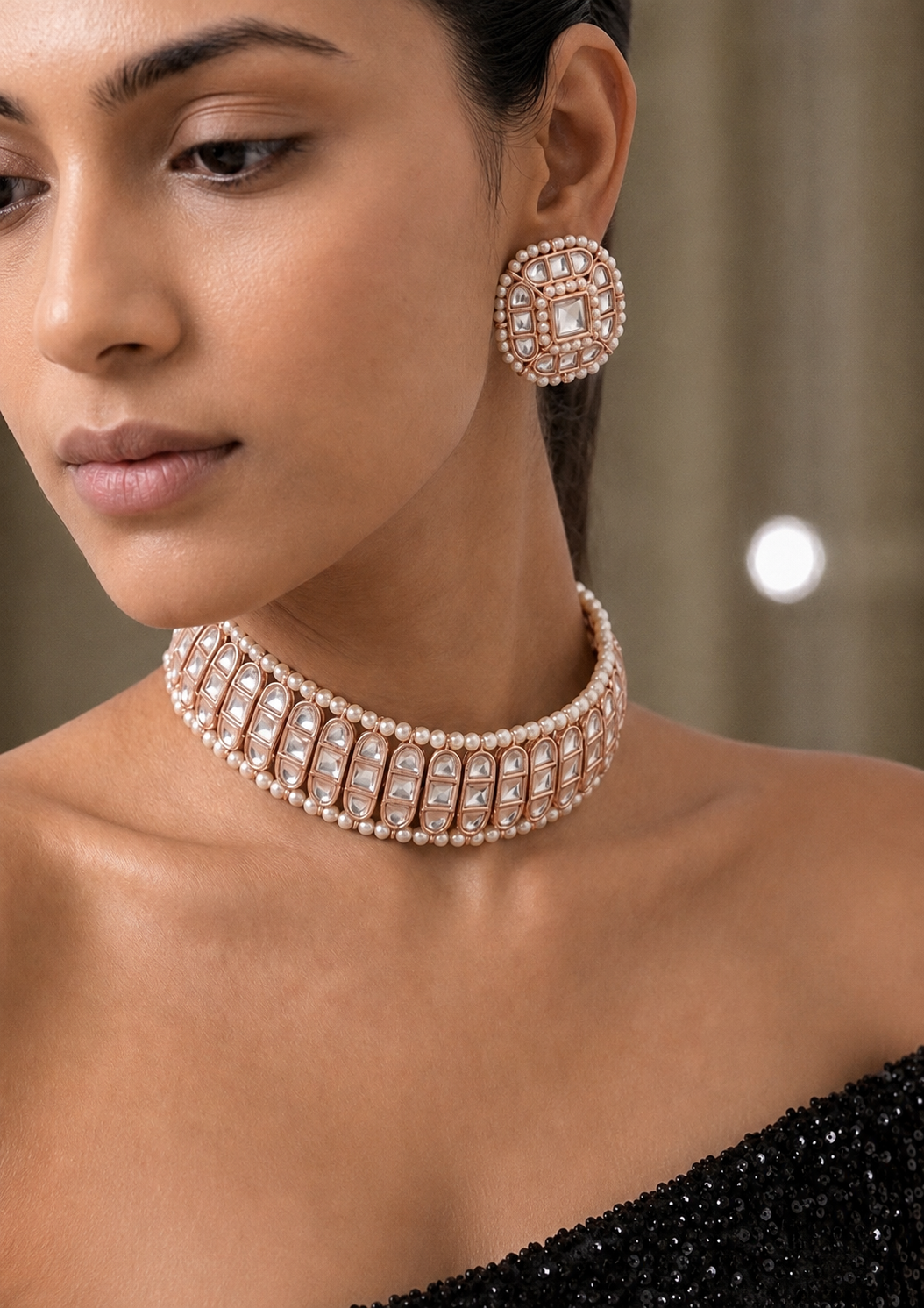 Rose Gold Kundan-Studded Pearl Choker Set