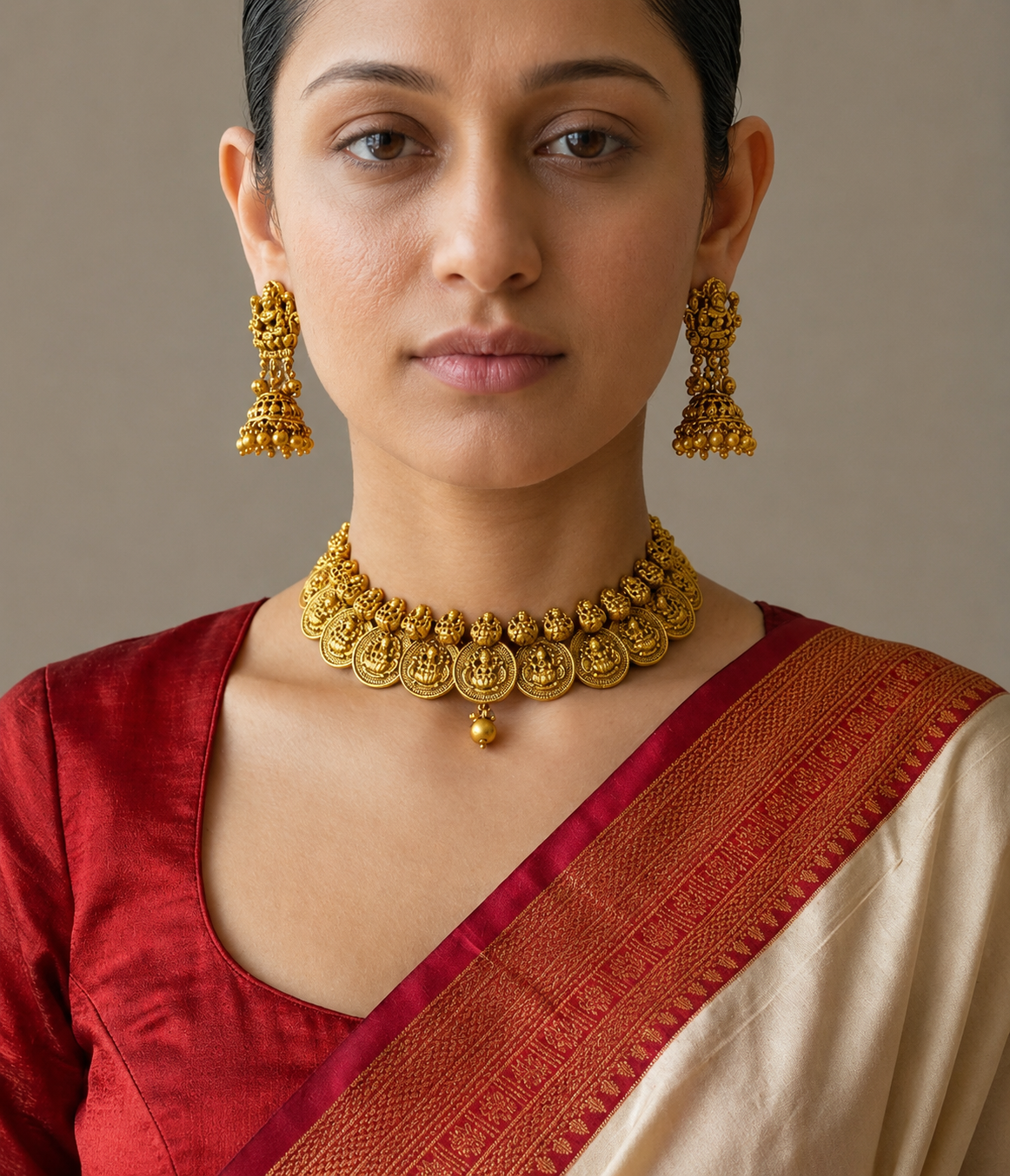 Gold Temple Necklace Set with Jhumkis - Handcrafted Elegance