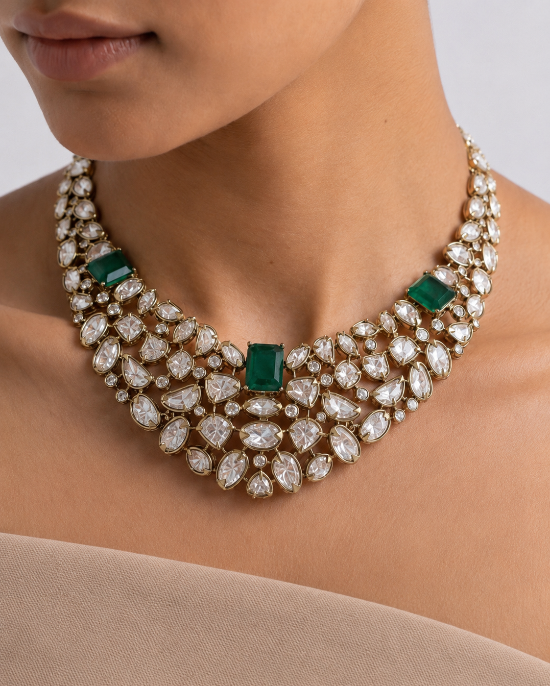 22K Mehendi Gold Plated Antique Polki Diamond Choker Necklace Set with Emerald Accents | Heritage Bridal &amp; Statement Jewellery with Matching Earrings