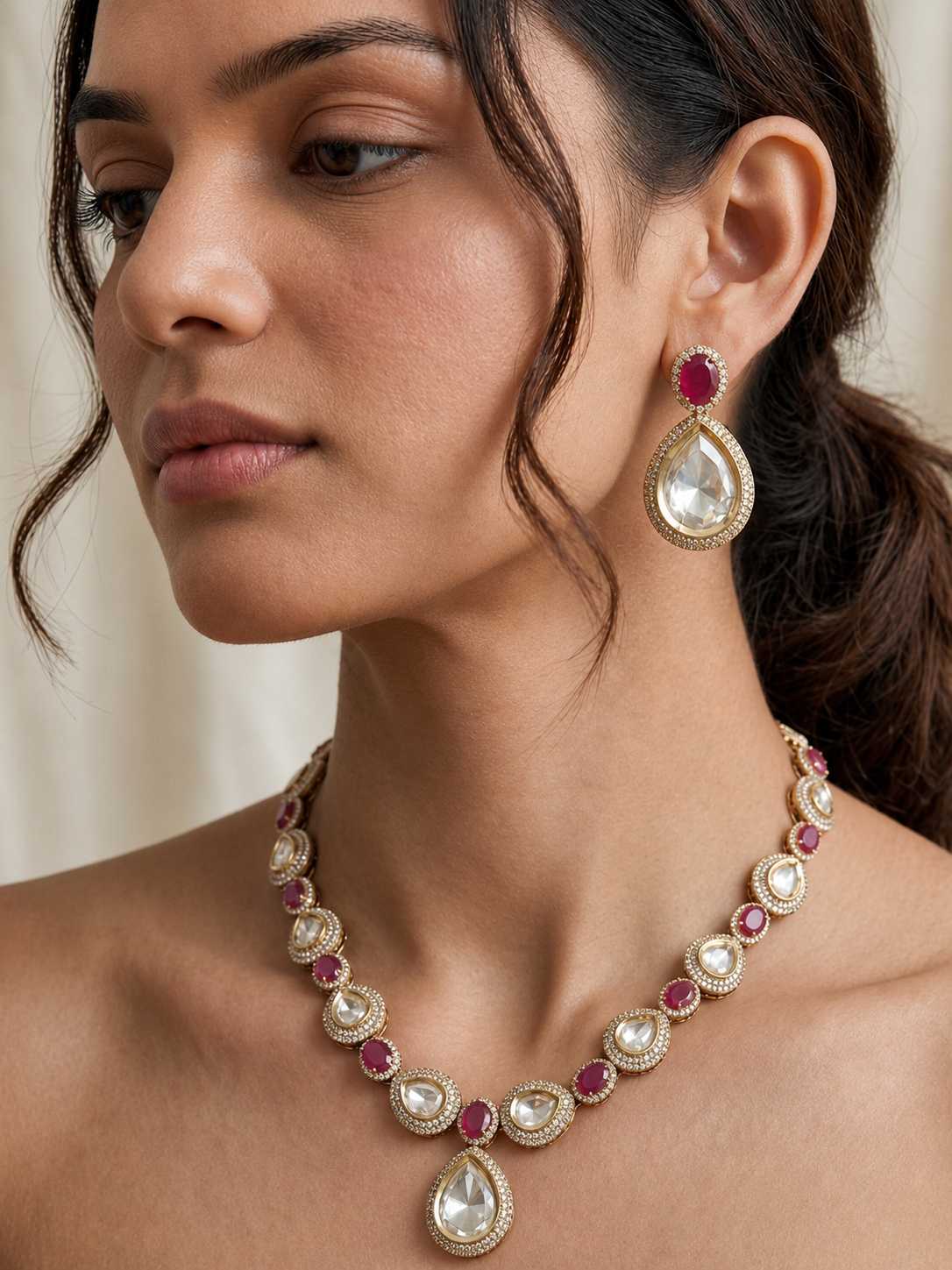 Ethereal Elegance Mossanite Polki Ruby Necklace Set