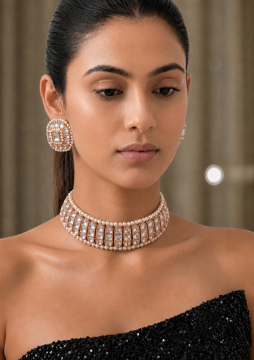 Rose Gold Kundan-Studded Pearl Choker Set
