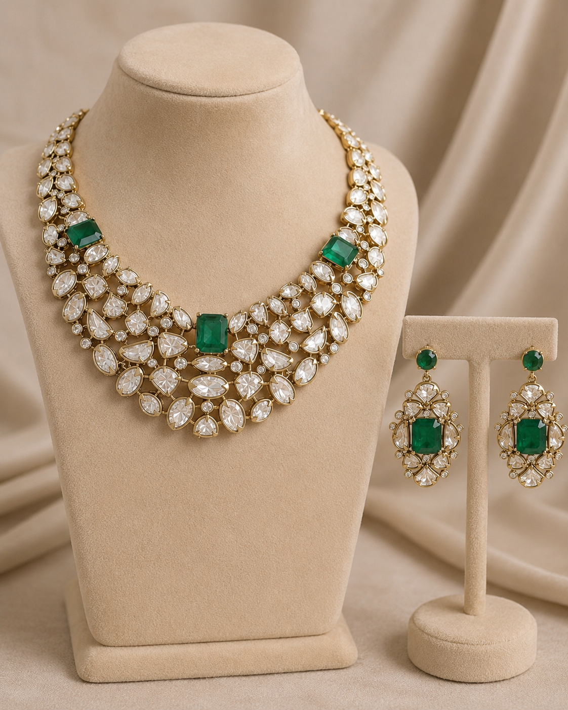 22K Mehendi Gold Plated Antique Polki Diamond Choker Necklace Set with Emerald Accents | Heritage Bridal &amp; Statement Jewellery with Matching Earrings