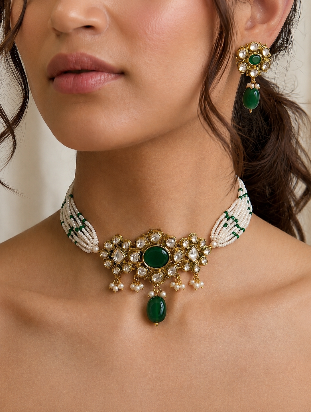 Pearl and Green Stone Choker Set: A Timeless Blend of Grace and Tradition