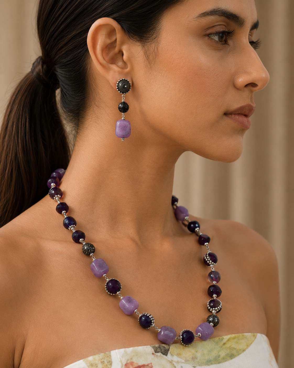Amethyst Multi-Stone Statement Necklace Set with Earrings – Contemporary Luxe Edit
