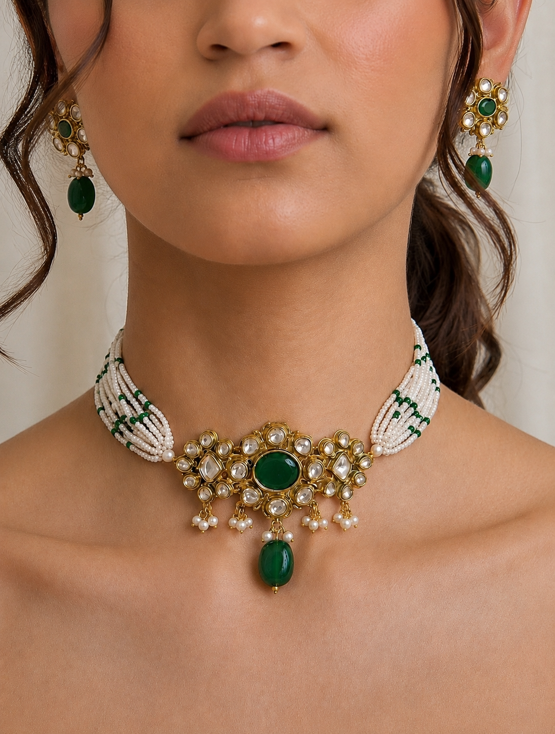 Pearl and Green Stone Choker Set: A Timeless Blend of Grace and Tradition